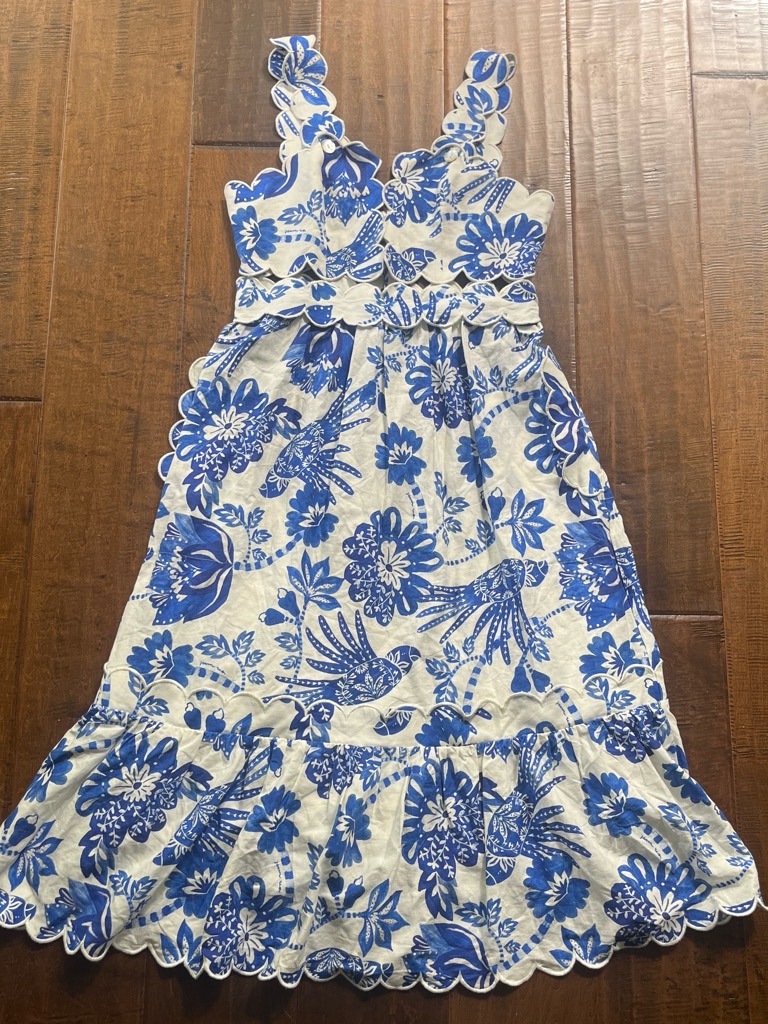 Farm Rio Blue And White Scalloped Floral Midi Dress